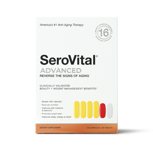 Front view of SeroVital Advanced box on a white background: "America's #1 Anti-Aging Therapy," reverses aging signs, boosts beauty, weight management, 120 capsules.